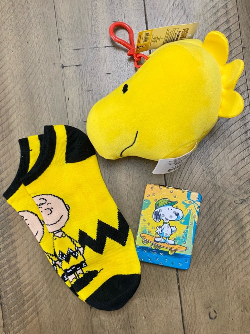 Peanuts XL Woodstock Plush Keychain with Charlie Brown Socks & Snoopy Mirror